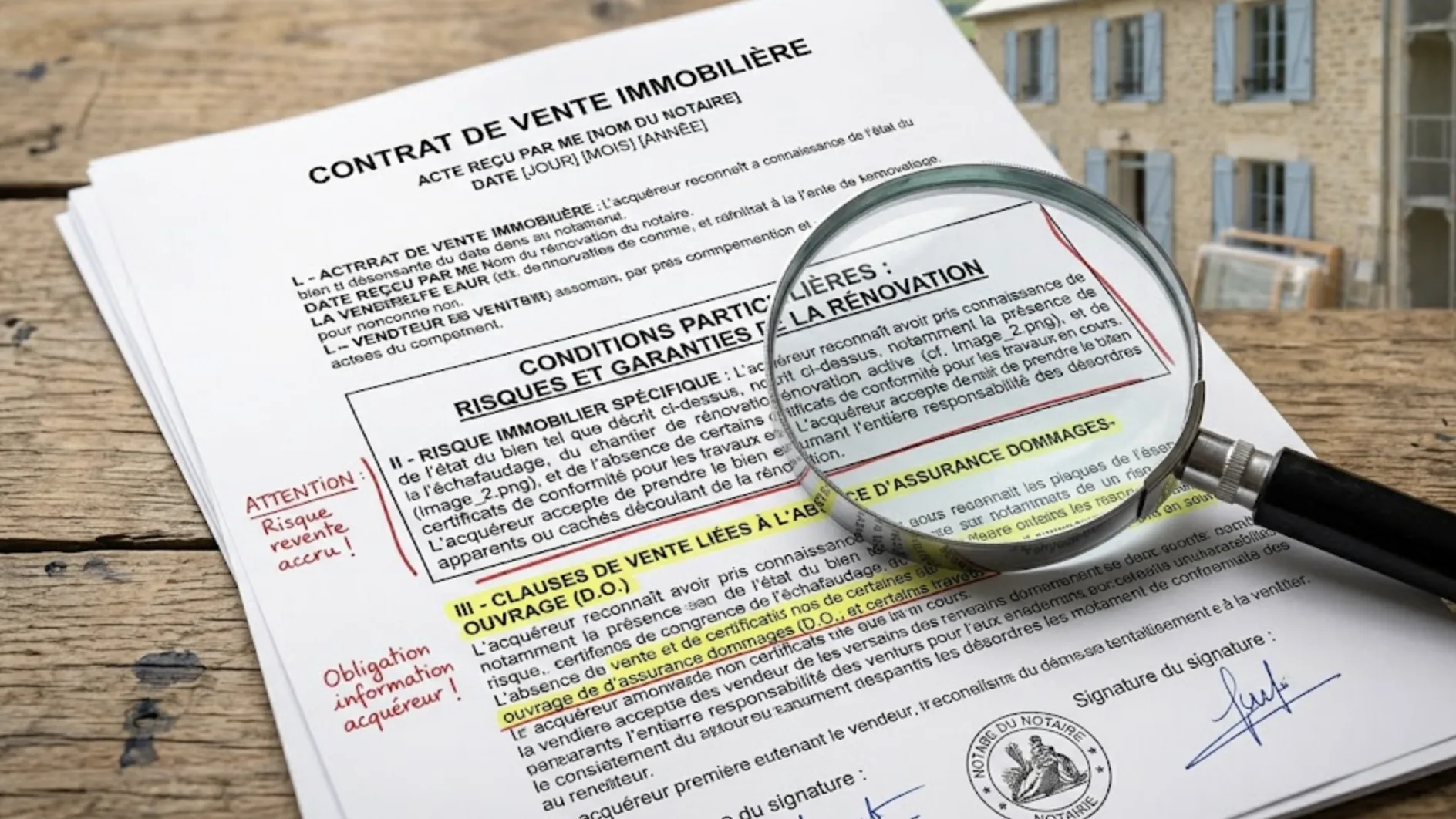 Contrat notarié soulignant le risque immobilier et les clauses de vente